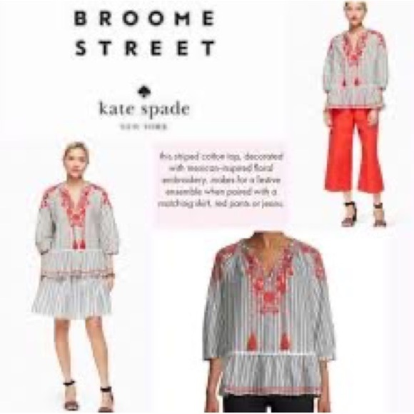 KATE SPADE BROOME STREET Striped Embroidered Peasant Top Blouse Black White XS - Picture 9 of 9